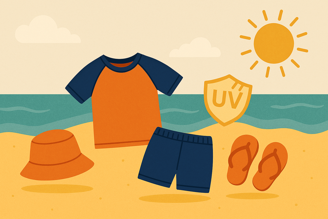 UV-beschermende zwemkleding voor kinderen met hoedje, shirt en zwembroek op een zonnig strand – illustratie die zonbescherming uitbeeldt.