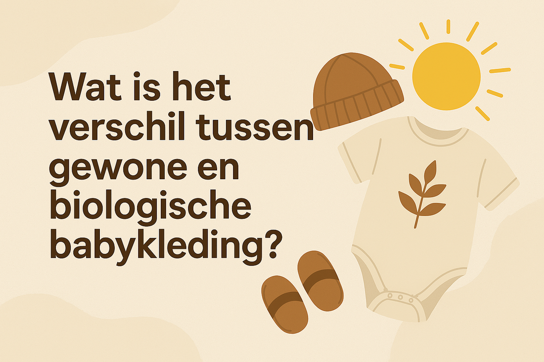  Illustratie van biologische babykleding met romper, muts en slofjes op een neutrale achtergrond, met de tekst “Wat is het verschil tussen gewone en biologische babykleding?