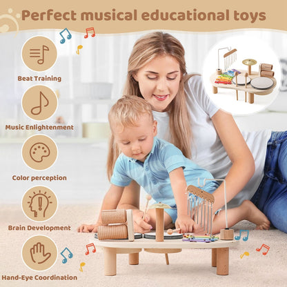 Houten Muziektafel | Educatief Muziekinstrument voor Kinderen, Inclusief Trommels, Xylofoon & Bekkens, +1 Jaar