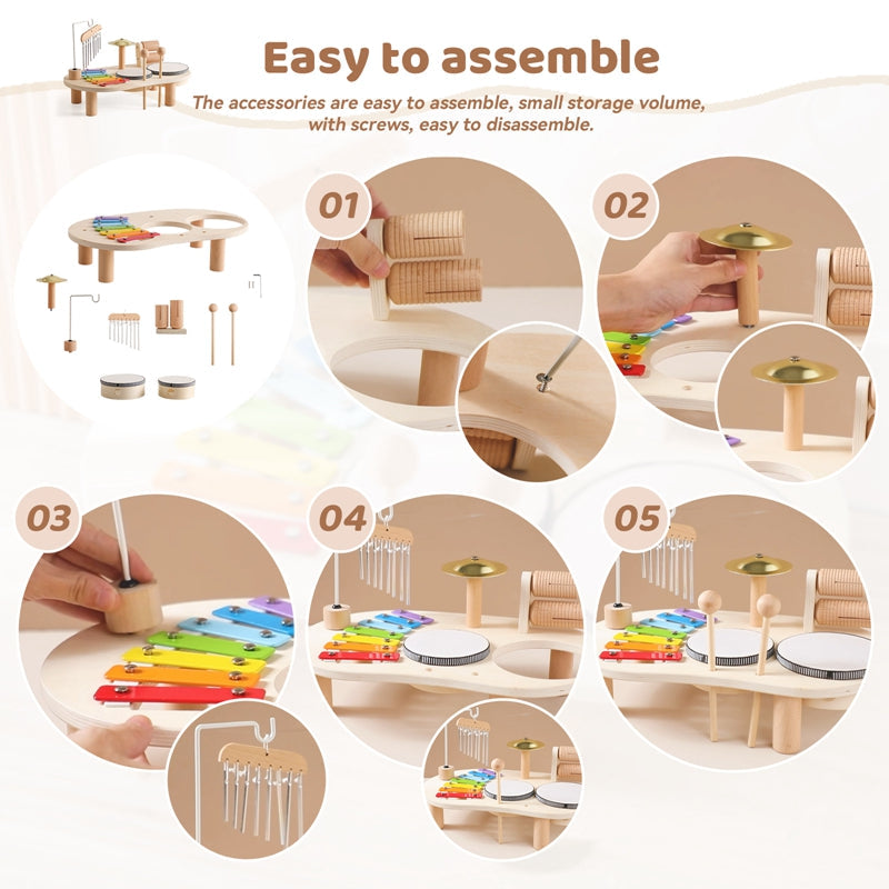 Houten Muziektafel | Educatief Muziekinstrument voor Kinderen, Inclusief Trommels, Xylofoon & Bekkens, +1 Jaar