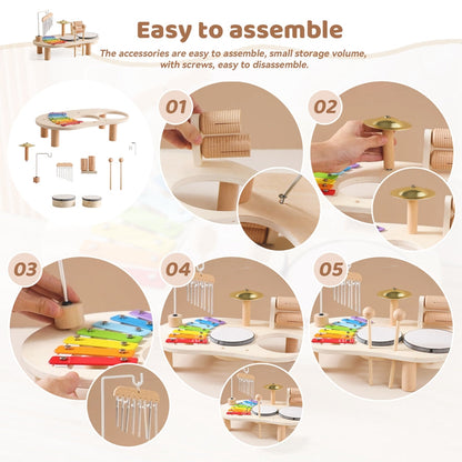Houten Muziektafel | Educatief Muziekinstrument voor Kinderen, Inclusief Trommels, Xylofoon & Bekkens, +1 Jaar